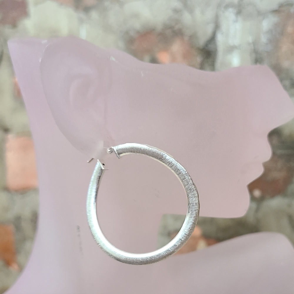 Brushed Satin Sterling Silver Hoop Earrings - Picture 2 of 12